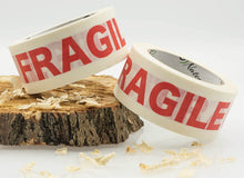 Load image into Gallery viewer, White Paper Packaging Tape | Fully Recyclable Rolls | Fragile Printed Kraft Paper for Packing Parcels and Boxes | White Sticky Tapes Roll 50m x 50mm