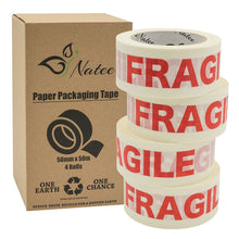 Load image into Gallery viewer, White Paper Packaging Tape | Fully Recyclable Rolls | Fragile Printed Kraft Paper for Packing Parcels and Boxes | White Sticky Tapes Roll 50m x 50mm