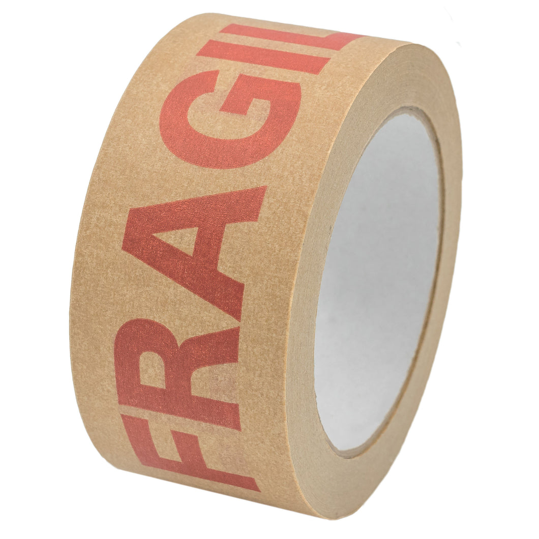 Strong Paper Packaging Tape | Fragile Printed Kraft Paper for Packing Parcels and Boxes | Brown Paper Packaging for Moving House | 50m x 50mm