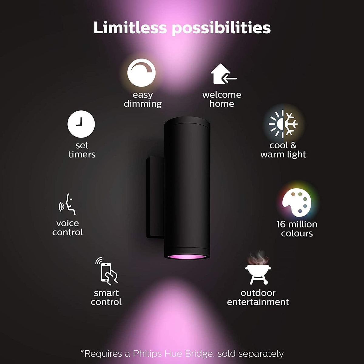 Philips Hue Appear Outdoor Wall Lights 2 Pack Smart LED White & Colour Ambiance Smart Up & Down Lighting | IP44 Weather-Resistant | Hue Bridge Required