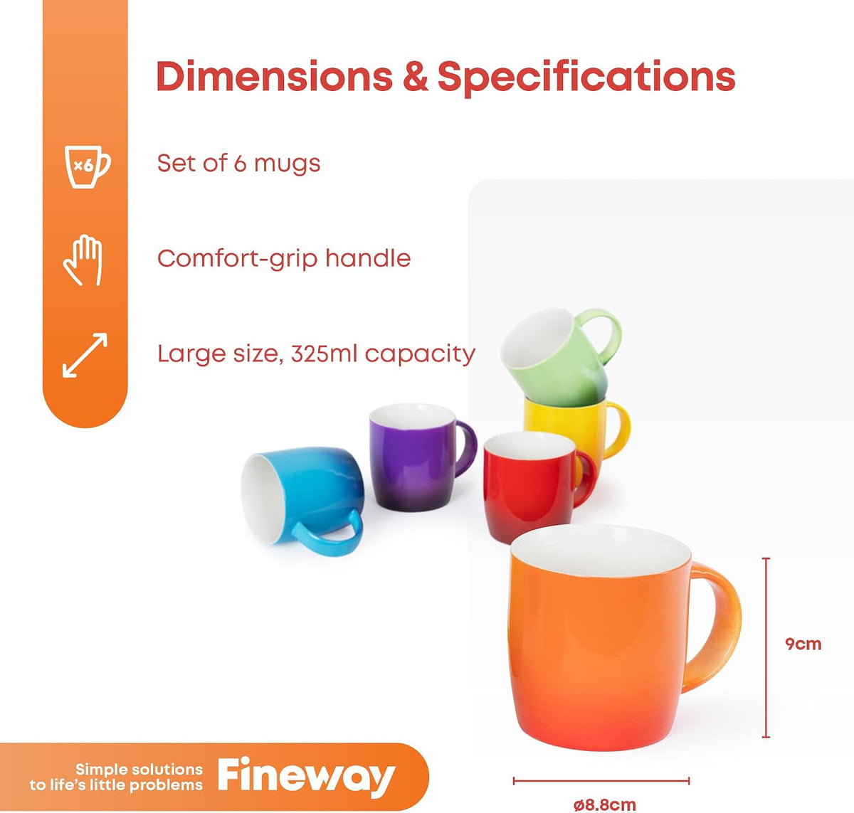 FiNeWaY Set of 6 Stoneware Coffee Tea Mugs 325ml Colourful Ombre Ceramic Boxed