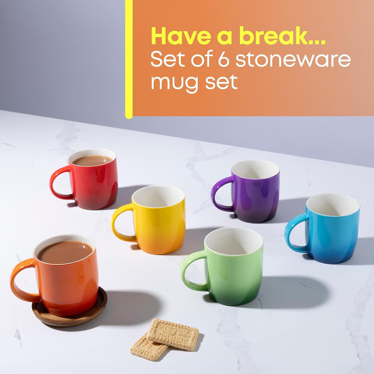 FiNeWaY Set of 6 Stoneware Coffee Tea Mugs 325ml Colourful Ombre Ceramic Boxed