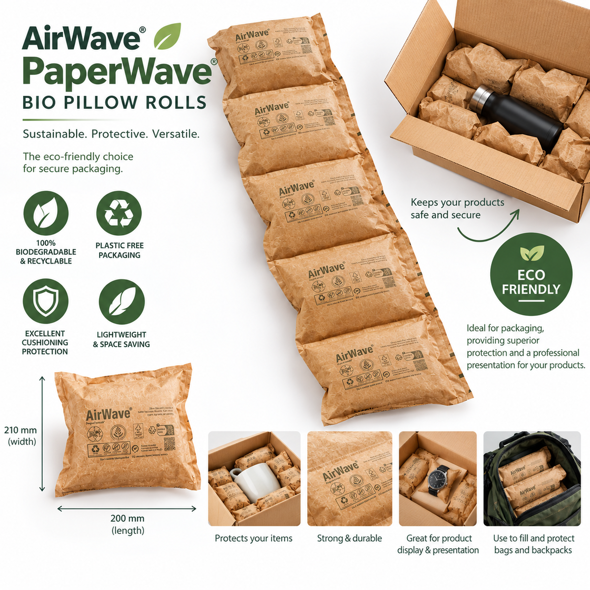 160pcs x PRE-INFLATED BIODEGRADABLE & PAPER AIR PILLOW CUSHIONS Loose Fill Air Pillows Cushion Void 210x100mm