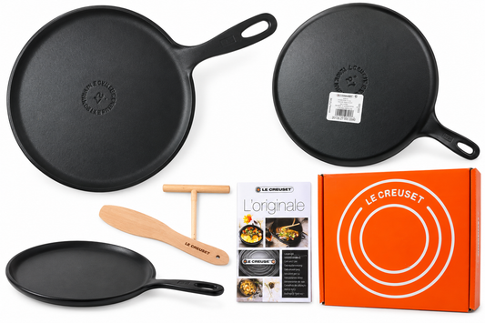 Le Creuset Cast Iron Crêpe Pan 27cm, Matte Black, with Spreader & Spatula | Open Box