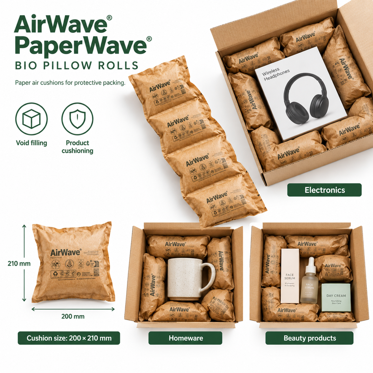 160pcs x PRE-INFLATED BIODEGRADABLE & PAPER AIR PILLOW CUSHIONS Loose Fill Air Pillows Cushion Void 210x100mm
