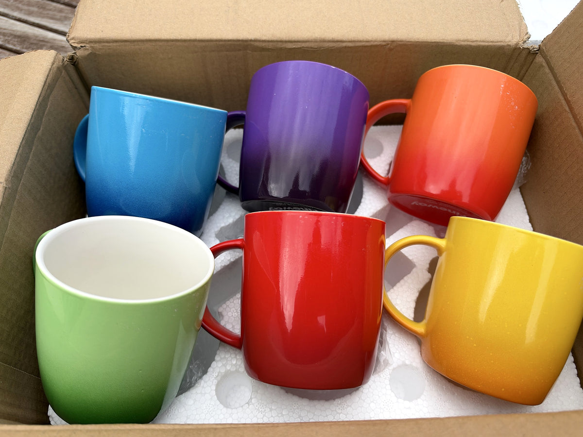 FiNeWaY Set of 6 Stoneware Coffee Tea Mugs 325ml Colourful Ombre Ceramic Boxed
