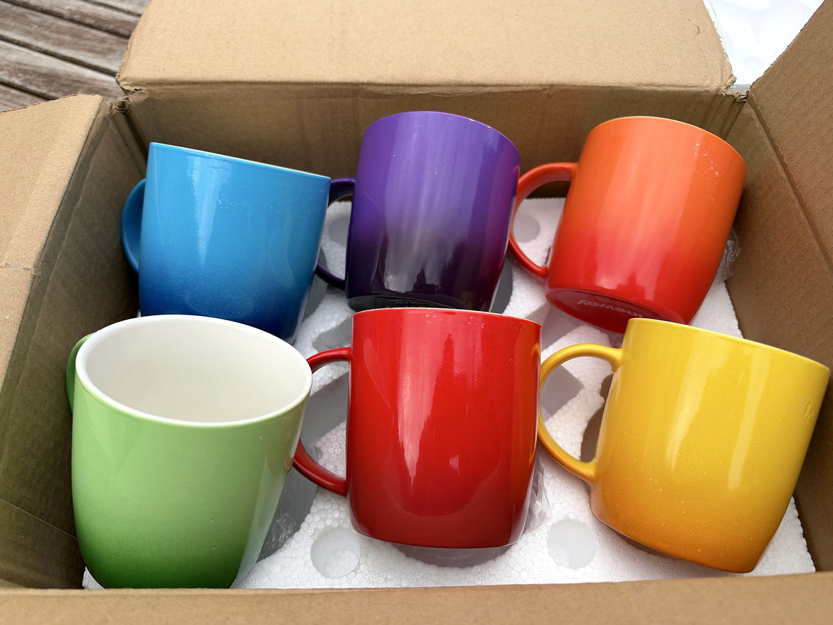 FiNeWaY Set of 6 Stoneware Coffee Tea Mugs 325ml Colourful Ombre Ceramic Boxed