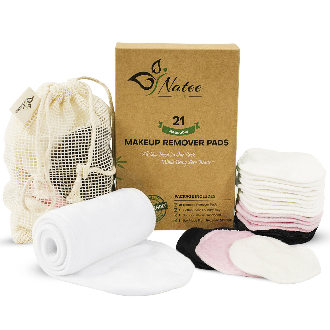 21 Bamboo Reusable Cotton Pads with Velour Spa Headband & Laundry Bag