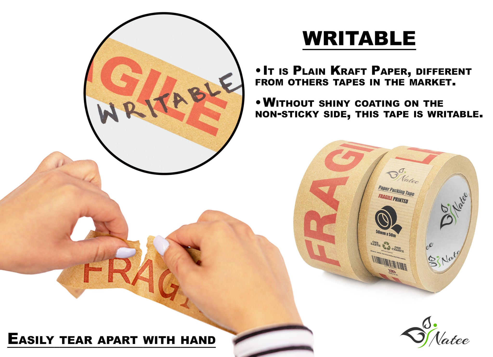 Strong Paper Packaging Tape Eco-friendly Fully Recyclable Fragile