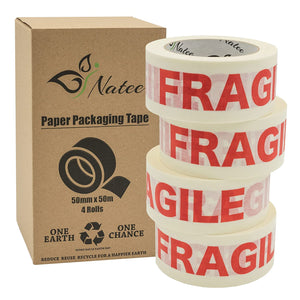 White Paper Packaging Tape | Fully Recyclable Rolls | Fragile Printed Kraft Paper for Packing Parcels and Boxes | White Sticky Tapes Roll 50m x 50mm