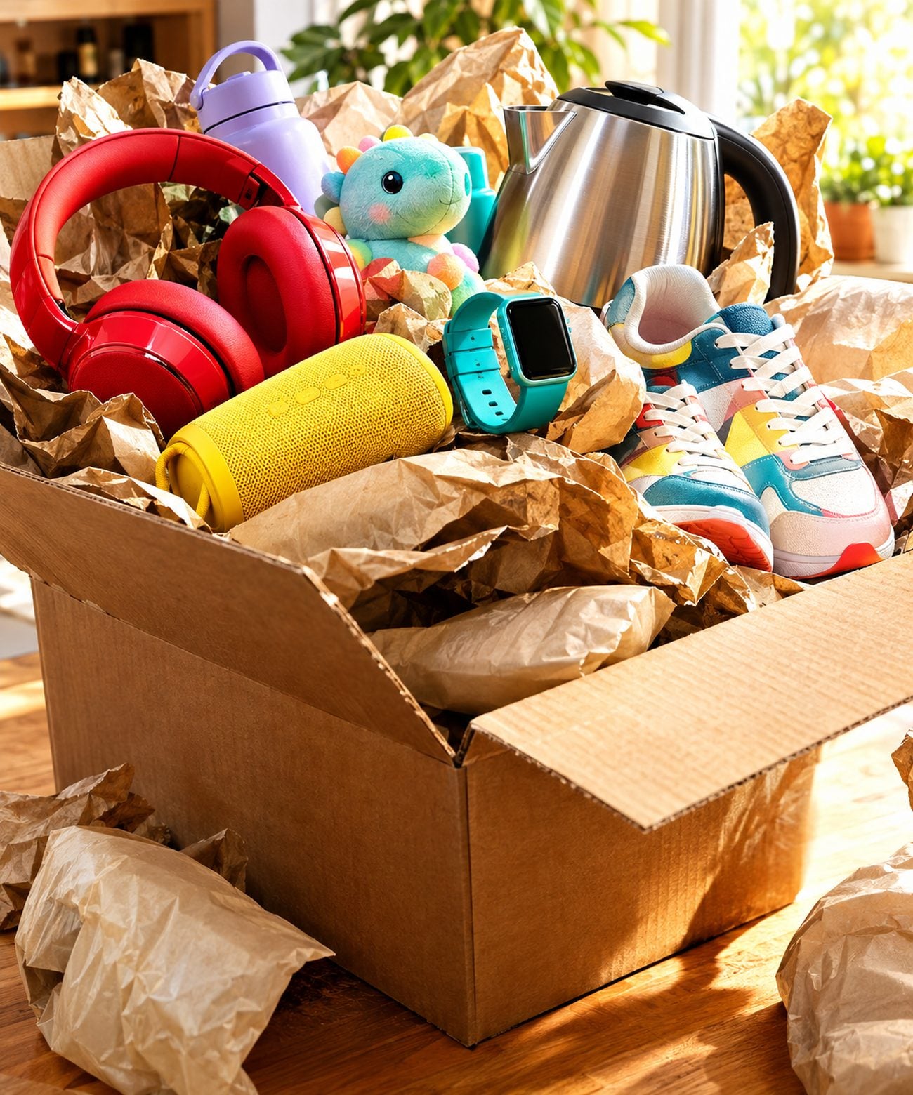 Opened kraft parcel full of rescued returned products